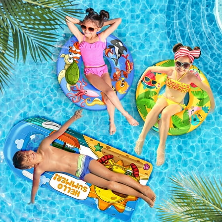 JoyX 3-Pack Kids Pool Floats - Inflatable Swimming Rings with Cute Summer Fruit & Undersea Animal Floaties