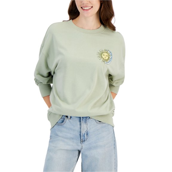 Rebellious One Womens Celestial Graphic-Print Pullover Sweater, Green, Medium