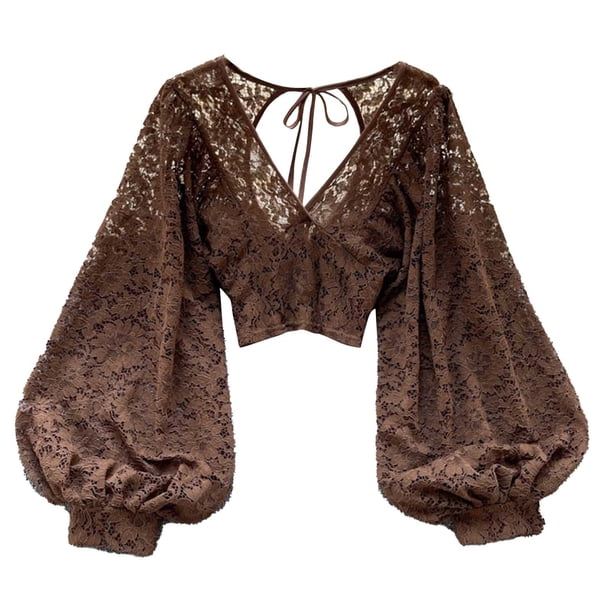 Blusa de encaje transparente sin espalda para mujer: top corto ajustado con detalle de lazo para otoño, camisa versátil y elegante para superponer.
