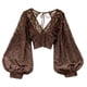 thumbnail image 1 of Blusa de encaje transparente sin espalda para mujer: top corto ajustado con detalle de lazo para otoño, camisa versátil y elegante para superponer., 1 of 8