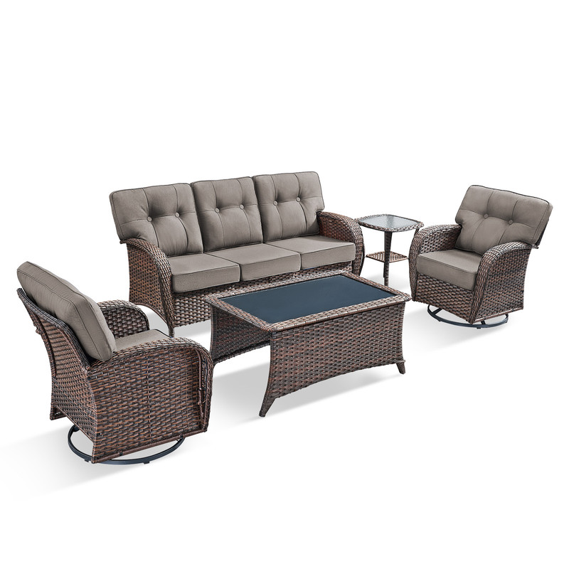 PARKWELL 5 Pieces Patio Furniture Set with Swivel Chairs, Outdoor All-Weather Wicker Conversation Sofa Set with Rattan Rocking Chair, Coffee Table and 5" Thick Cushion for Porch Deck, Brown/Gray