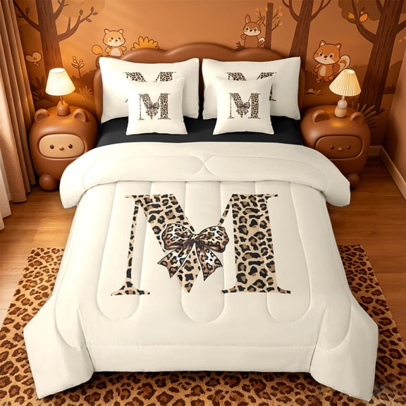 meiyoeat bow Monogram M Print 7-Piece Twin Bedding,Fashion Leopard Print Bedding Comforter Set,Black Reversible