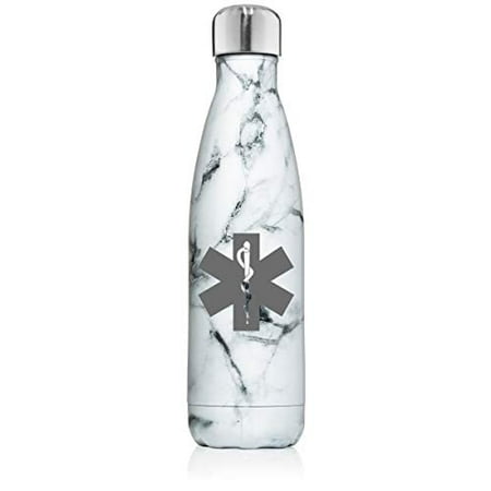 

17 oz. Double Wall Vacuum Insulated Stainless Steel Water Bottle Travel Mug Cup Star of Life EMT Paramedic (Black White Marble)