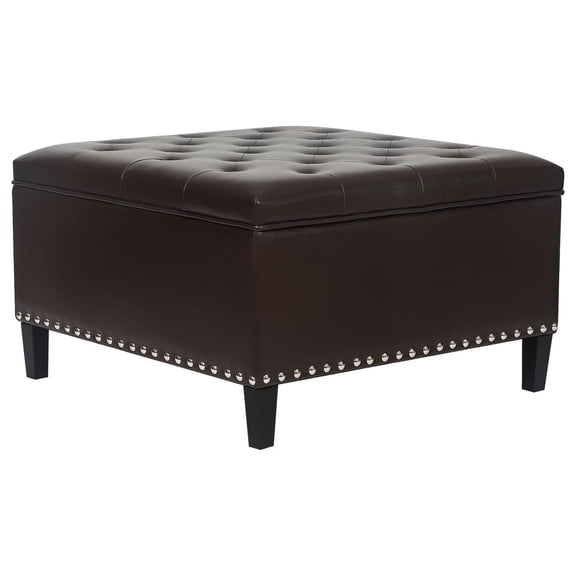 Square Storage Ottoman Faux Leather Tufted Coffee Table with Wood Legs Dark Brown Large Footstool Seat for Living Room Bedroom Entryway Home