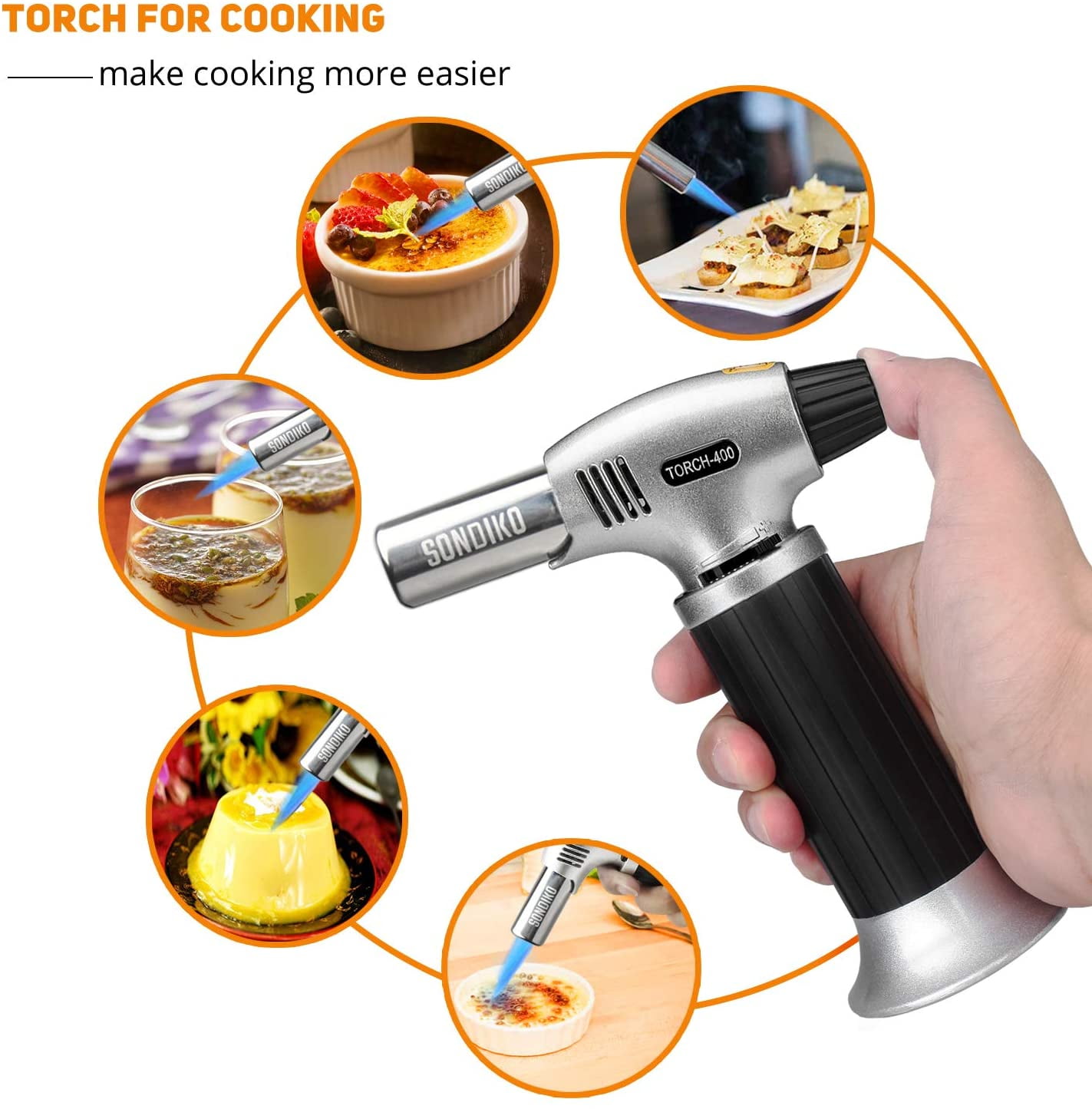 Creme Brulee Kitchen Torch Black Sondiko Torch Lighter Butane Gas Not Included Refillable Kitchen Butane Blow Torch with Safety Lock and Adjustable Flame for DIY BBQ and Baking 