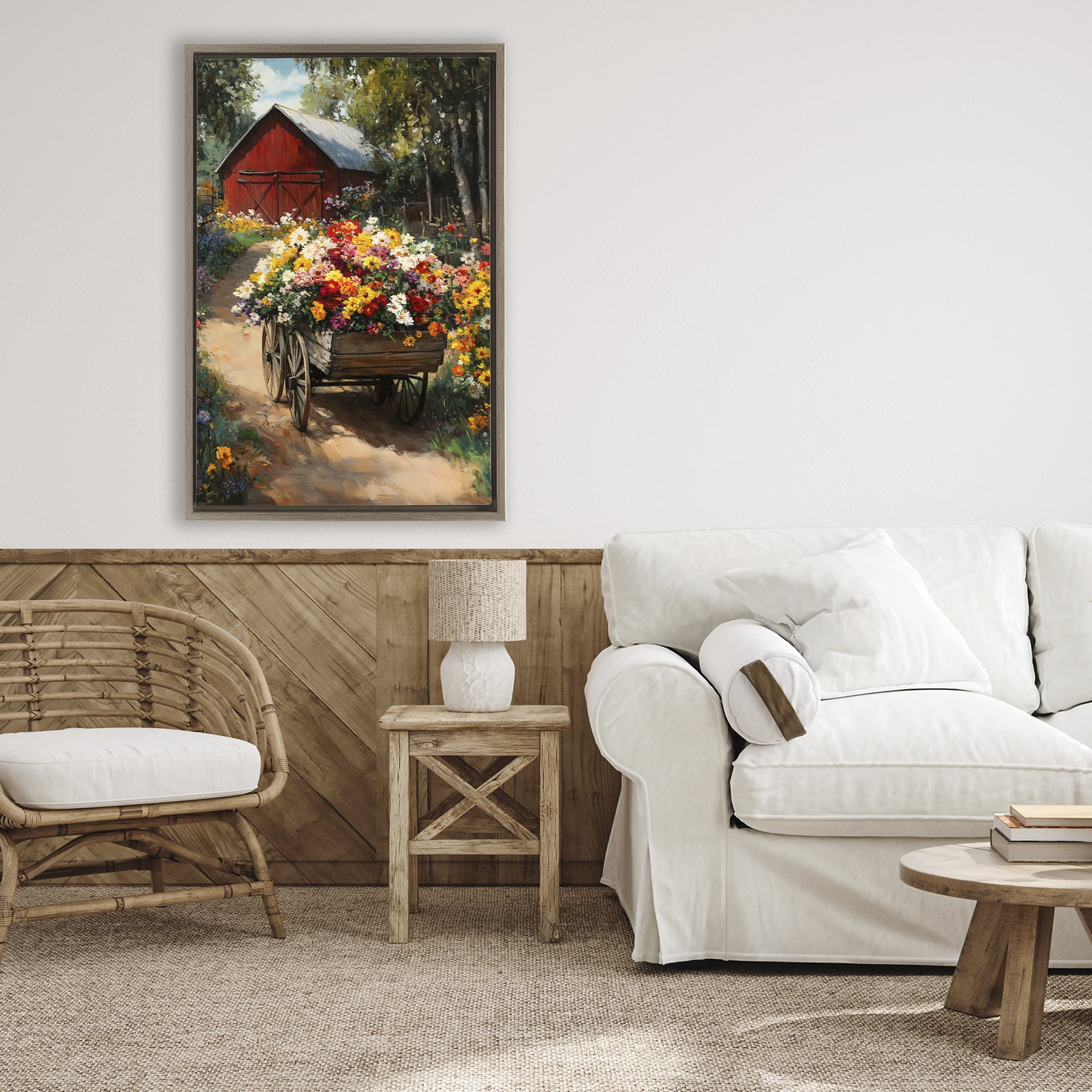 Stupell Industries Floral Wagon in Summer Garden Brown Framed Floater Canvas Wall Art, design by Franklyn Gregory