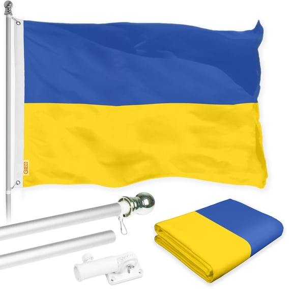 G128 Flag Pole 6FT Silver Tangle Free & Ukraine Ukrainian Flag 3x5FT Combo Printed 150D Polyester