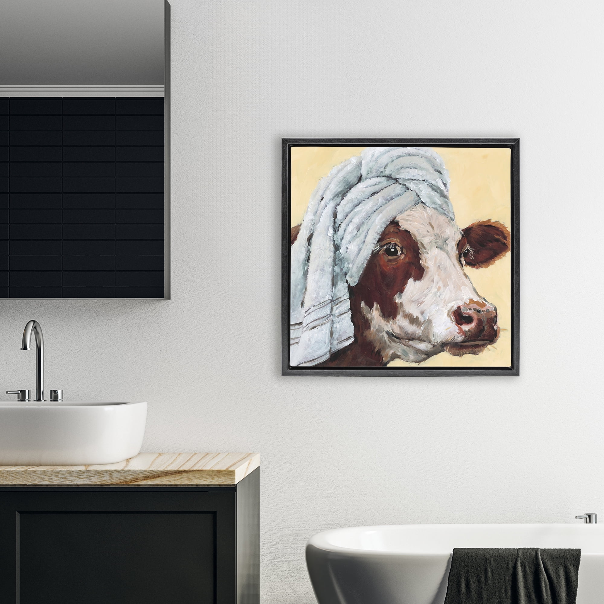 Stupell Industries Cow Spa with Towel Black Framed Floater Canvas Wall Art, design by Studio Bautista