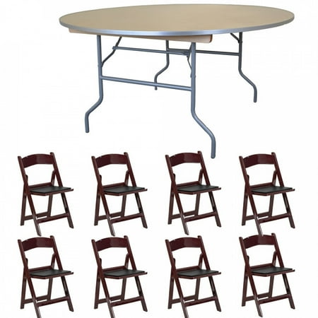 Pogo 72 Round Wood Banquet Folding Table And Chairs Mahogany Chair
