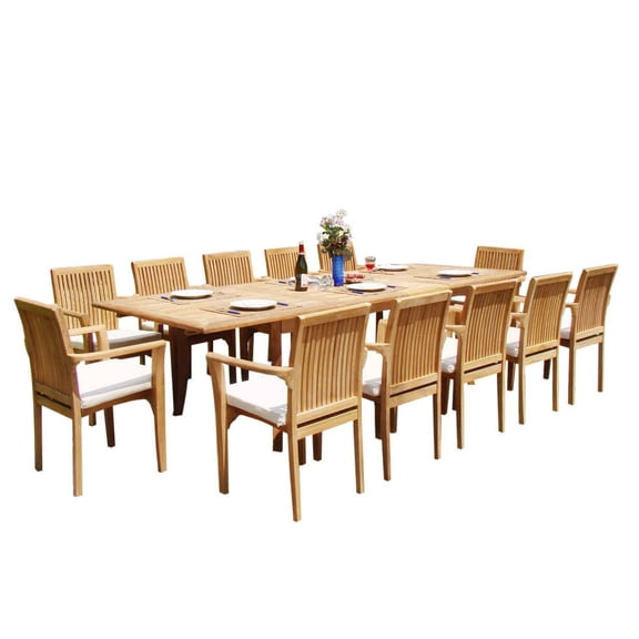 Grade-A Teak Dining Set: 12 Seater 13 Pc: 118" Rectangle Table And 12 Lua Stacking Arm Chairs Outdoor Patio WholesaleTeak #51LU2413