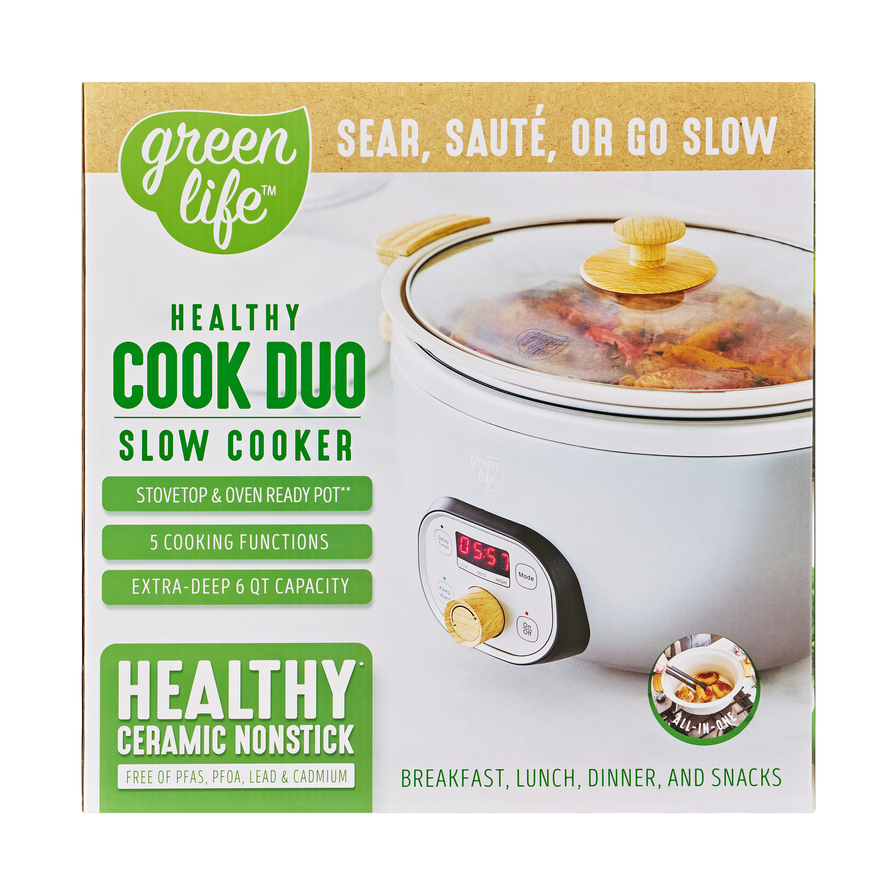 GreenLife 6 Quart Non Stick Family Meal Slow Cooker with Removable Pot, Grey