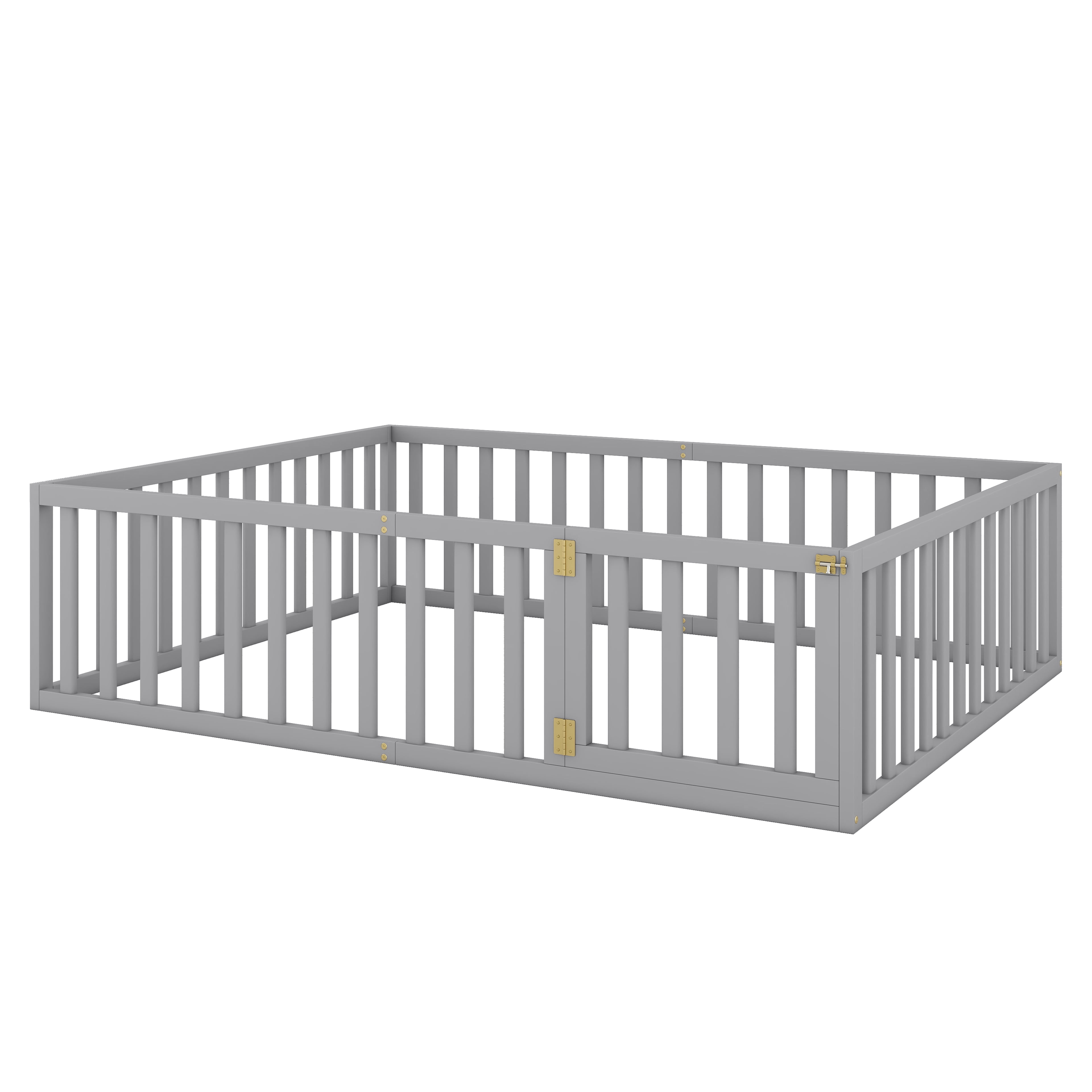 Bellemave Queen Size Floor Bed with Fence and Door, Wood Montessori Bed Frame, Floor Bed Frame, Slats Not Included (Queen,Gray)