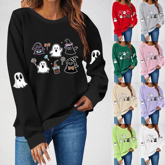 HAOTAGS Halloween Spooky Season Sweatshirt, Fall Crewneck Embroidered Pullover Tops Black M