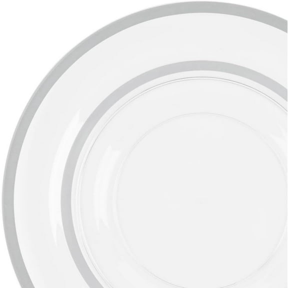 EcoQuality 7 inch Salad Plate and 10 inch Dinner Round Clear Plastic Plates with Silver Rim - Disposable, Heavy Duty, Elegant, Durable, Versatile Plates for Everyday Use (32)