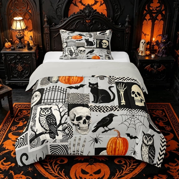 Homewish Collage Halloween Skeleton Twin Comforter Sets for Kids, Retro Pumpkin Crow Owl Bedding Set, Gray Reversible, 2 Pieces, 1 Comforter and 1 Pillowcase