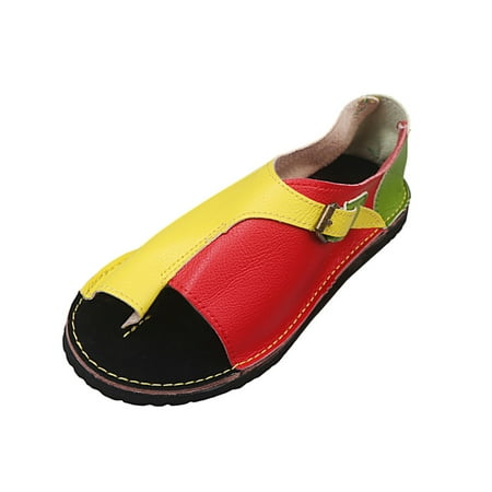 

ZTTD Summer Sandals Retro Buckle-Strap Color Matching Sandals Flat Bottom Roman Ladies Shoes Women s Slipper A