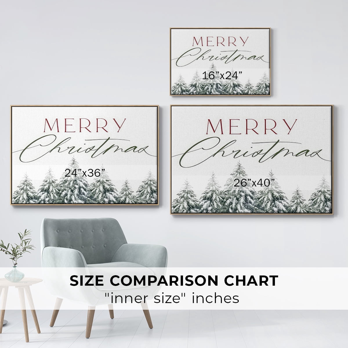 Merry Christmas Trees - Framed Gallery Wrapped Holiday Canvas - 27 x 41 - Natural Wood Frame