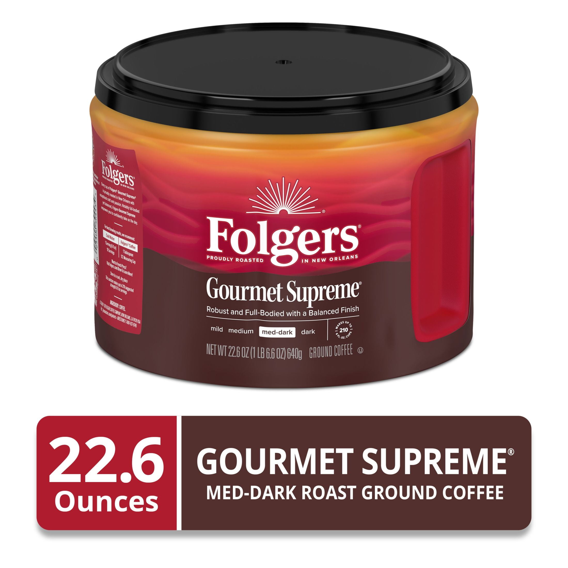 (6 pack) Folgers Gourmet Supreme Ground Coffee, Medium Dark Roast, 22.6 oz Canister