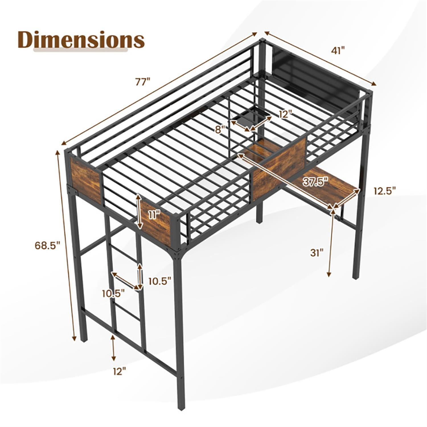 Demi Bonn Twin Size Industrial Metal Loft Bed with Desk Storage Shelf and Build-in Ladder for Teens, Black