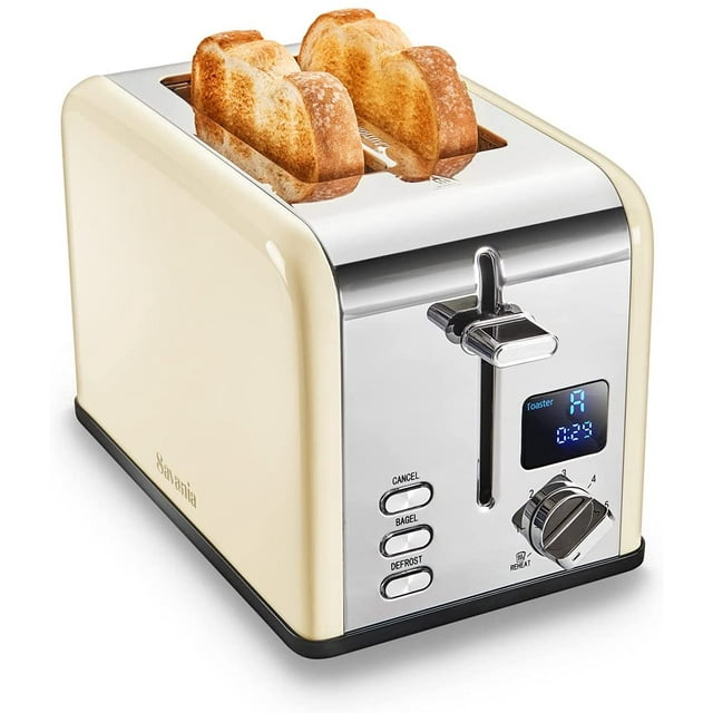 Savania 2-Slice Stainless Steel Bread Toaster, Wide Slot with LCD Display, Control Panels, Bagel/Defrost/Cancel Functions, 6 Setting Shade Dial, Removable Crumb Tray