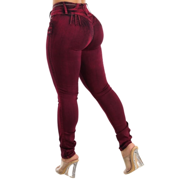 Moda Xpress Women's Junior Butt Lifting Mid Rise Stretchy Skinny Jeans Red Acid Wash 10634C