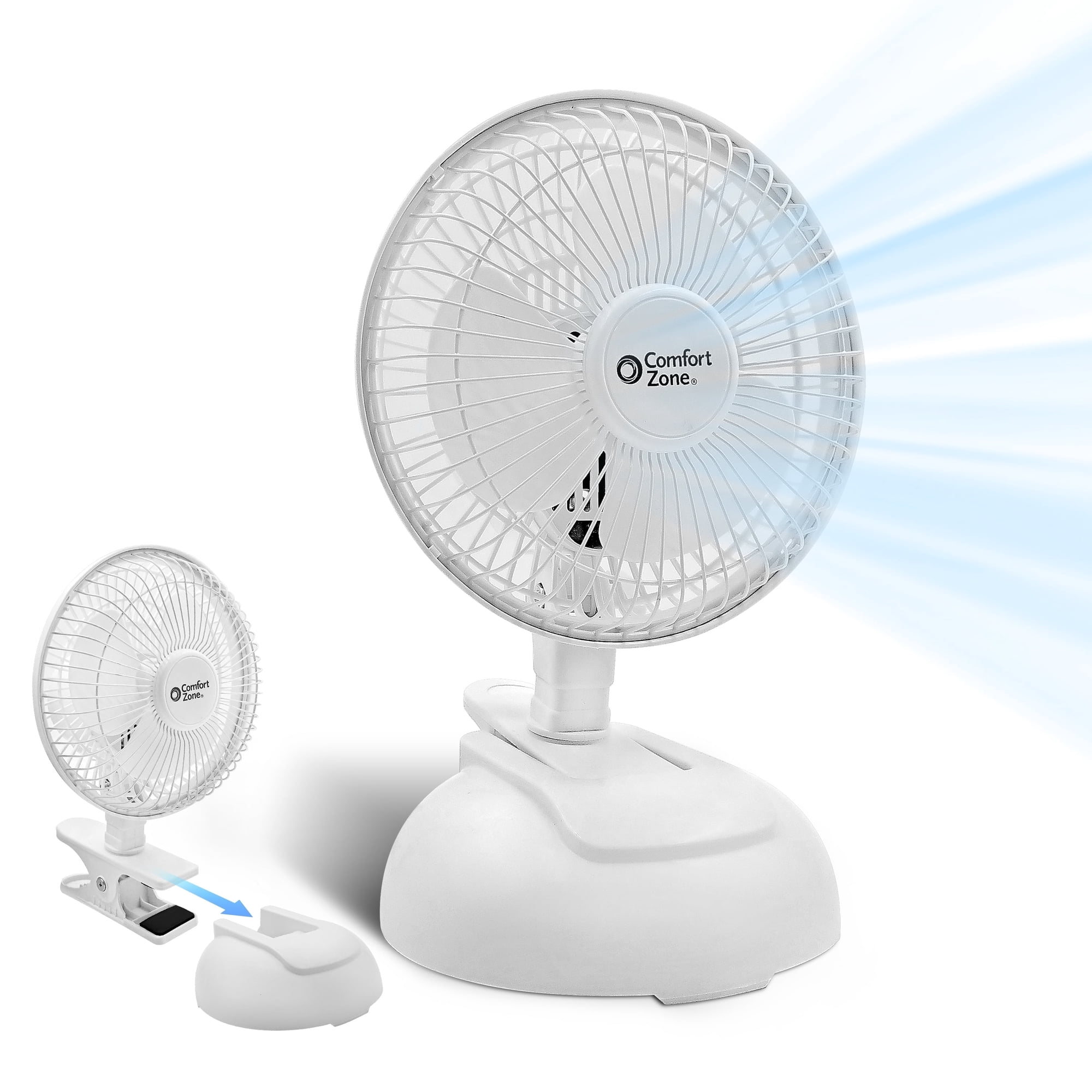 Comfort Zone 6" Personal Clip or Desk Fan with Removable Base, Portable, Mini Bedroom Fan, 2 Speed, Strong Clamp, Firm Grip, Airflow 6.53 ft/sec, Ideal for Home, Bedroom, Dorm & Office, CZ6XMWT
