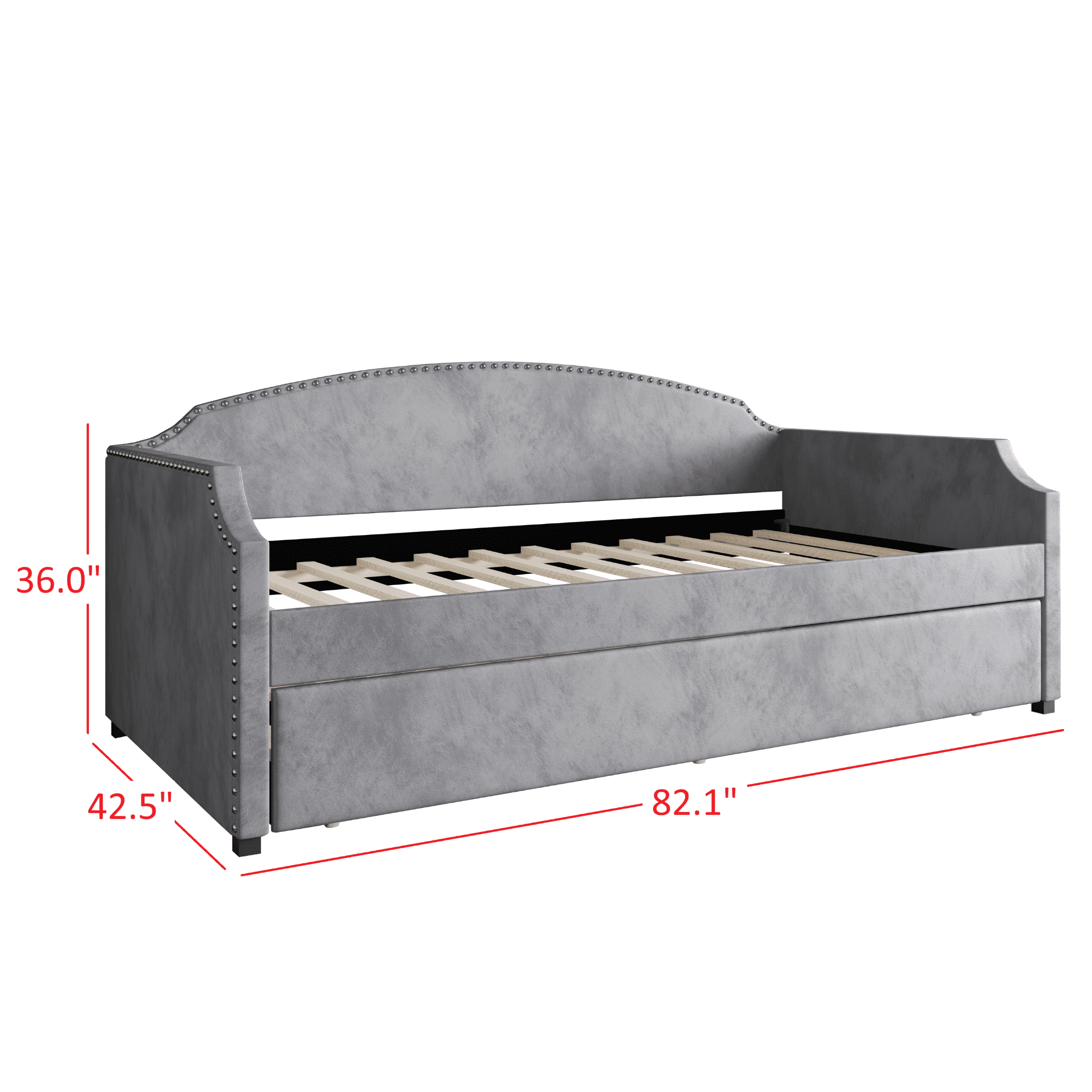 Home Design Kilgore Twin Daybed, Gray Velvet, Scooped Backrest, Chrome Nailhead Trim, Foam Padding, Pull-Out Trundle for Stylish Seating & Sleeping