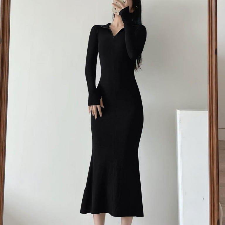 Fall Dresses for Women Long Sleeve Zip up V Neck Slim Fitted Mermaid Dresses  Solid Color Long Dress - Walmart.com