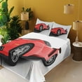 thumbnail image 3 of Ambesonne Modern Fitted & Top Sheet Set with Shams, Retro Wave Sport Car Artwork, White Black and Red, 3 of 7