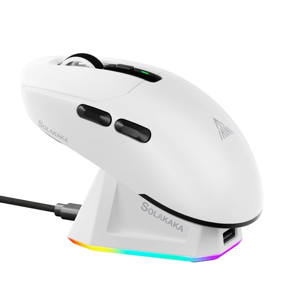 Ratón inalámbrico para juegos SOLAKAKA SM820 con base de carga RGB, ratón inalámbrico trimodo de 2400 DPI con 2 botones laterales, ratón macro programable para juegos (blanco)