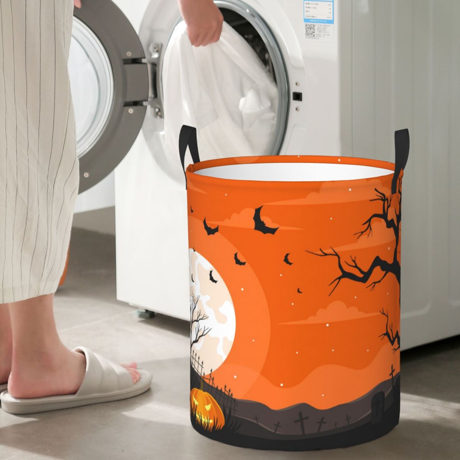 Large Laundry Basket with Handles - Halloween Orange Night Scene Kids Baby Dirty Clothes Laundry Hamper for Bedroom Aesthetic