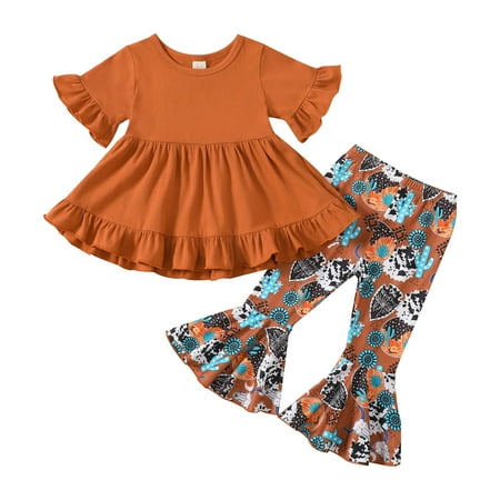 

B91xZ Girls Clothes Sets Toddler Girls Short Sleeve Ruffles T Shirt Pullover Tops Cartoon Cow Printed Bell Bottoms Pants Kids Brown Sizes 3-4 Years