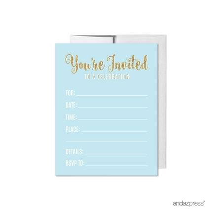 Baby Baptism Flat Card (Signature Baby Blue, White, Gold Glittering Boy Baby Shower 1st Birthday Baptism, Invitations with Envelopes,)