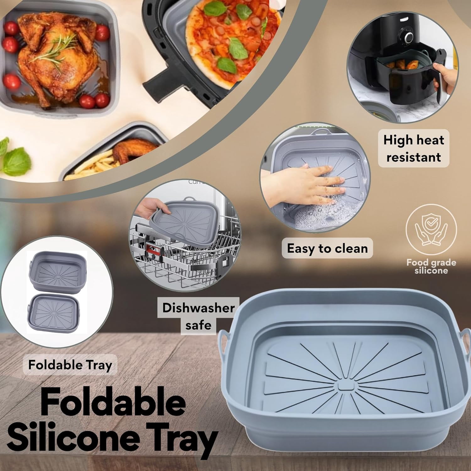 JJEAN-SAMIA 4 Piece Reusable Air Fryer Liners Set | 8 Inch Silicone Air Fryer Liners with Collapsible Design, Basting Brush, and Food Tong – Non-Stick, Dishwasher Safe, Air Fryer Accessories for Cook