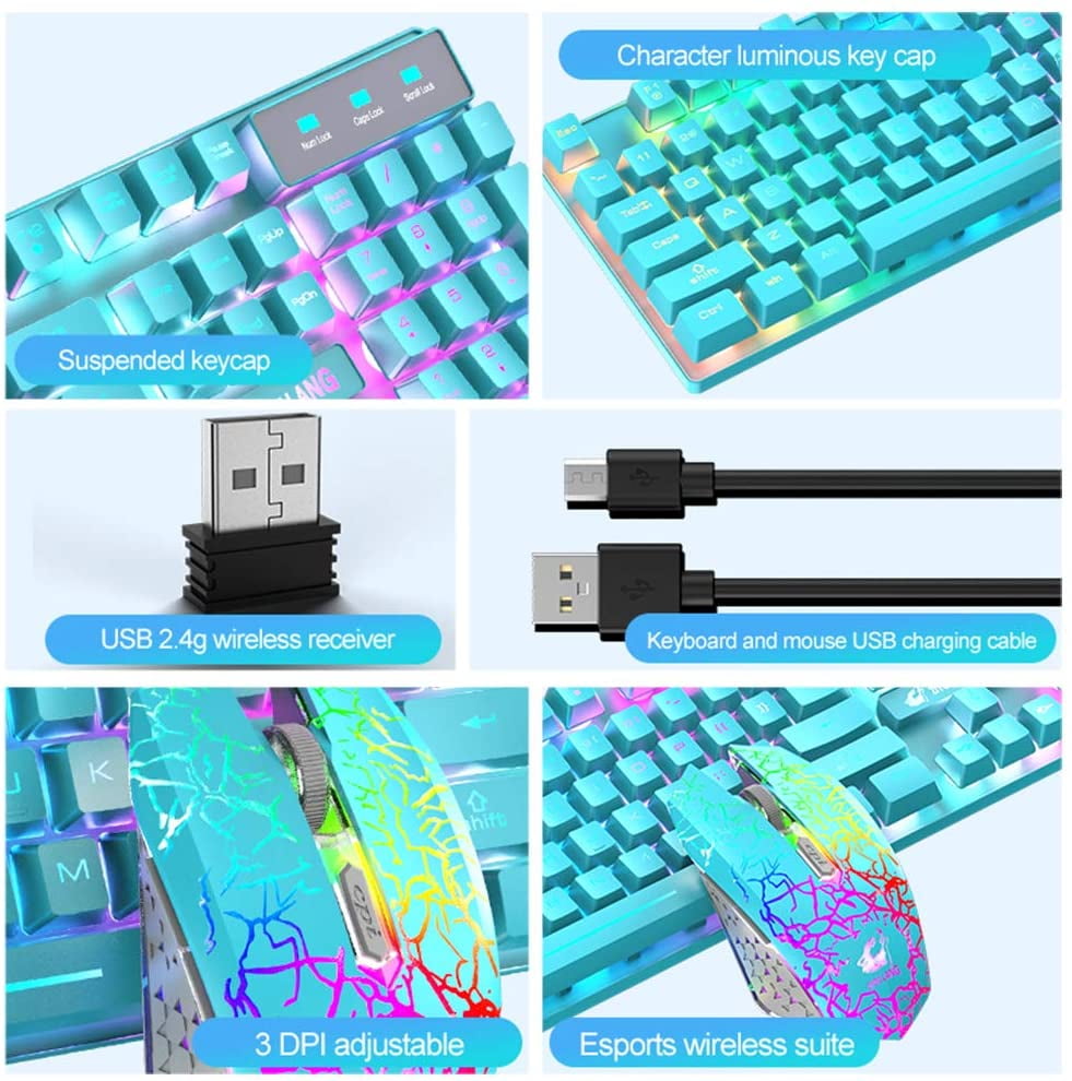 T3 Wireless Keyboard Mouse Combo,Rainbow Backlit 2.4G Rechargeable 2400DPI 6-Button Optical Mice+Pad