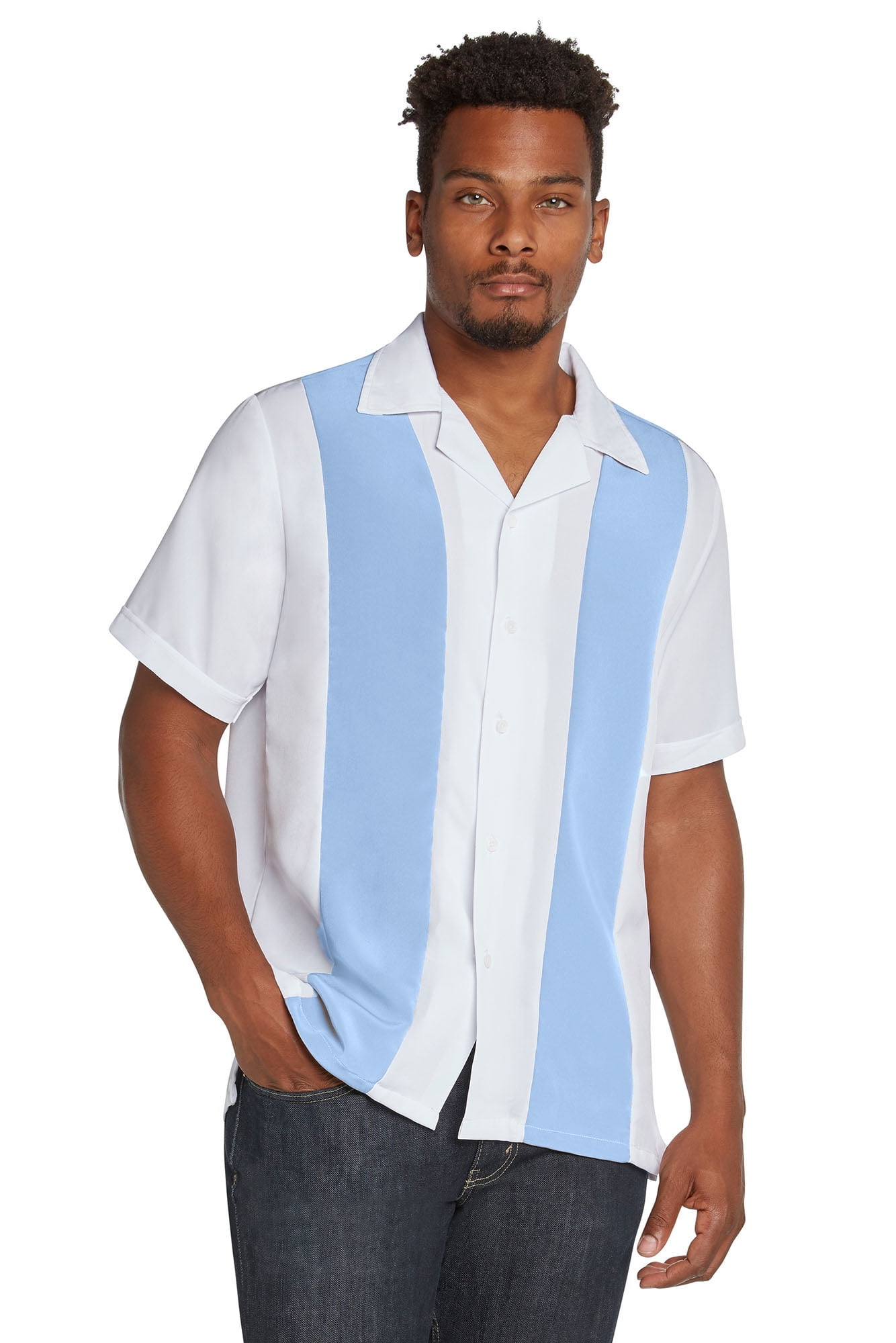 9 Crowns Men's Retro Bowling Bahama Camp ButtonDown Shirt (L.blue