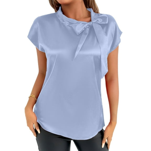 Women's Elegant Bow Neck Satin T Shirt Casual Blouse Summer Spring Top Tee Ribbon Collar Comfortable Stylish Fashionable
