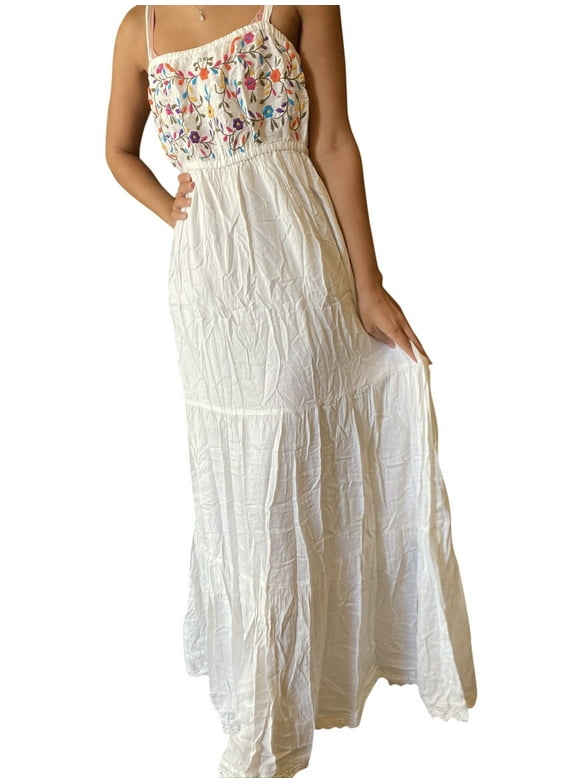 Mogul Women Maxi Dress, Crushed Bohemian Soft White Embroidered Beach Strap Dresses ML