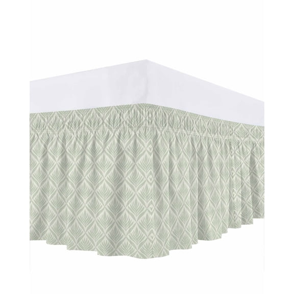 Retro Green Bed Skirt Queen Size 16" Drop Floral Modern Abstract Geometric Ruffled Wrap Around Bed Skirts Adjustable Elastic Bedskirt Dust Ruffle for Queen Size Bed