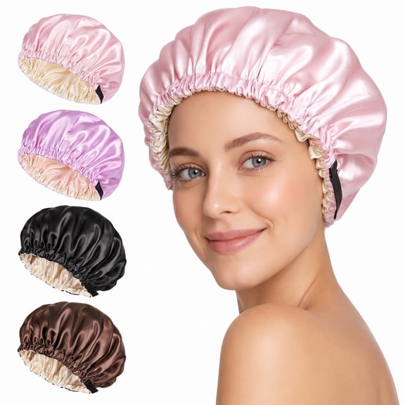 4 Pack Double Layer Satin Sleep Bonnets, Adjustable Button Hair Bonnets for Women, Reusable Shower Caps for Hair Protection Daily Use
