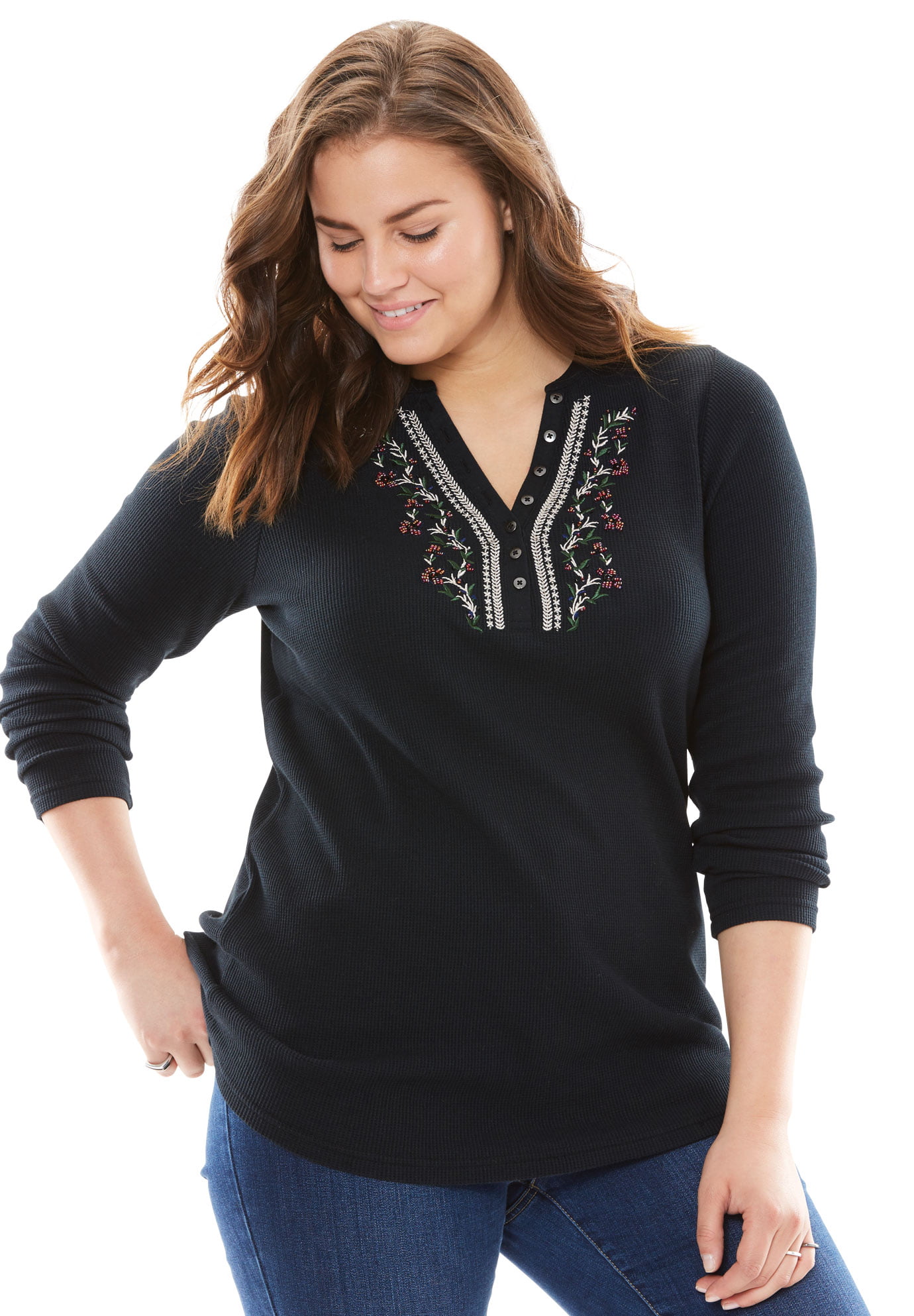 Woman Within Womens Plus Size Embroidered Thermal Waffle Henley Tee Long Underwear Top