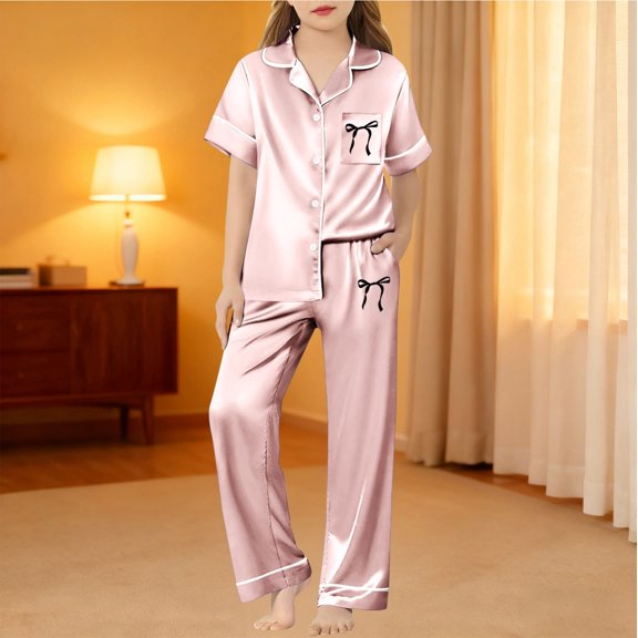 Kids Girls Silk Pajamas Set Bowknot Print Short Sleeve Button Down Sleepwear with Pants Set Pajamas Sleepwear Outfits 5-6 years Boy Pajamas