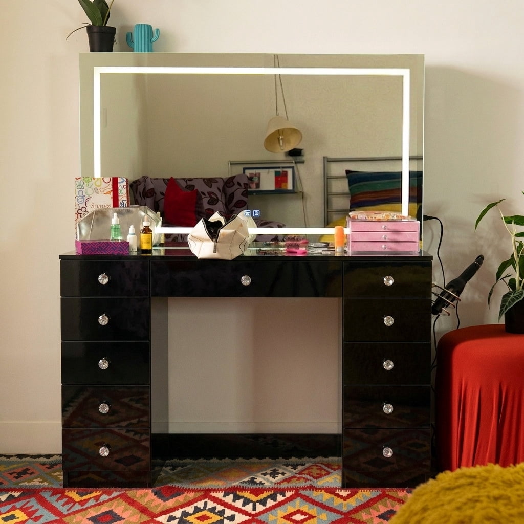 Boahaus Amelia Vanity Desk with Mirror and Lights – 11 Drawer Makeup Vanity Table with Storage, Power Outlet and Speakers