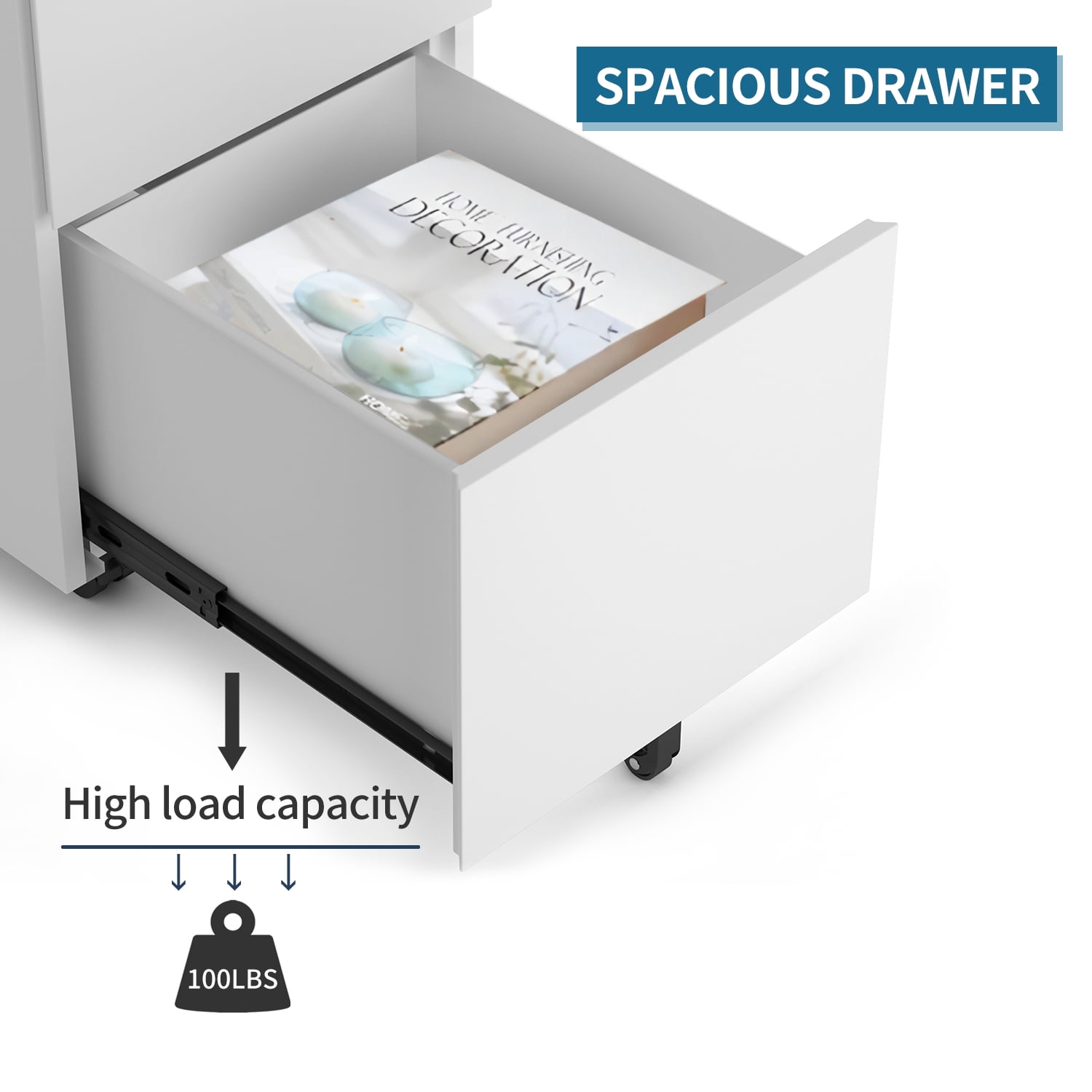 Kepooman 2-Drawer Mobile Steel File Cabinet with Lock for Legal/Letter Size, 15"L x 19.6"W x 24.4"H, White