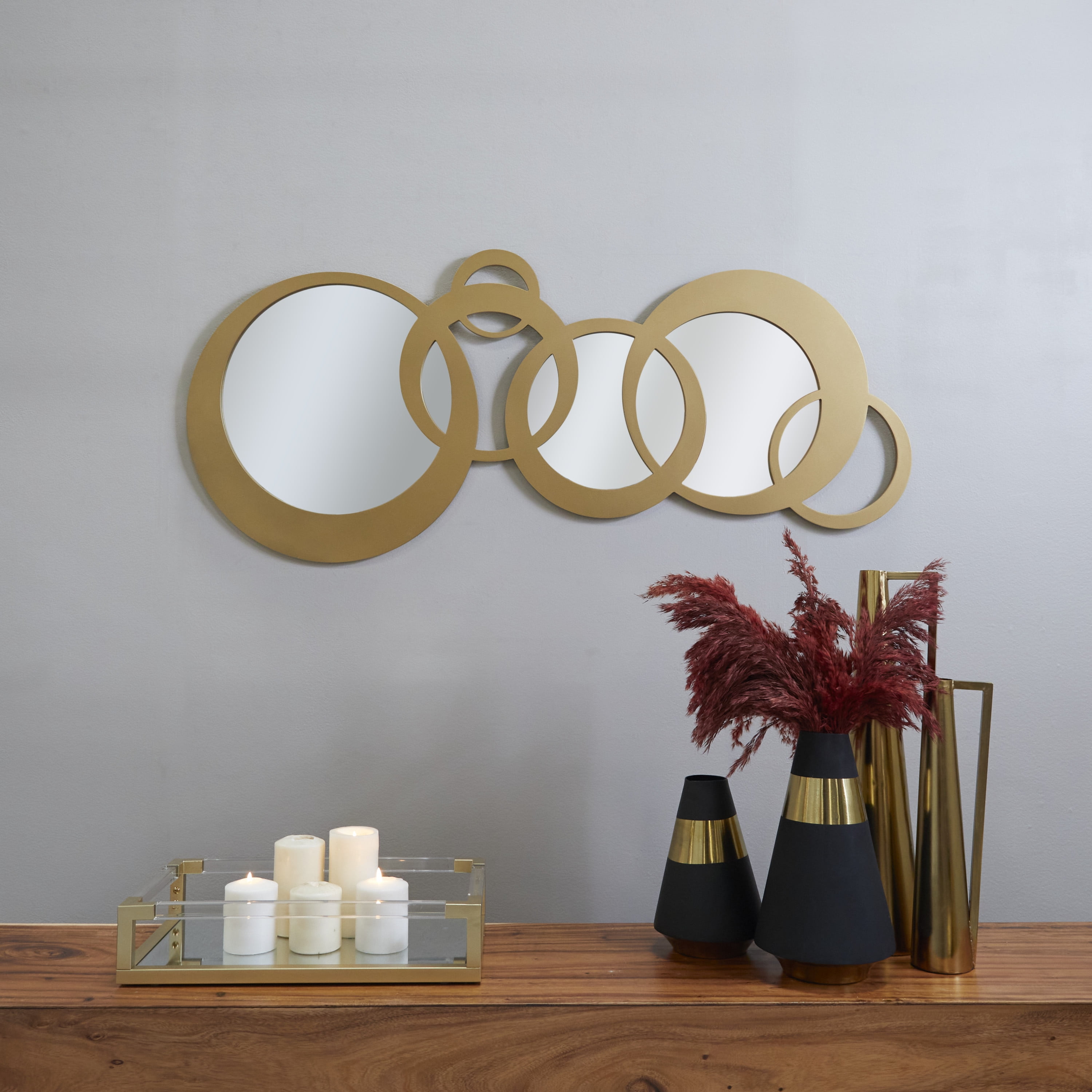 DecMode 56" x 23" Gold Circles Geometric Wall Mirror