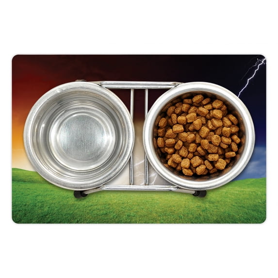 Nature Pet Mat for Food and Water, Nature Landscape with Fresh Grass Field and Thunder Environmental Theme, Non-Slip Rubber Mat for Dogs and Cats, 18" X 12", by Ambesonne