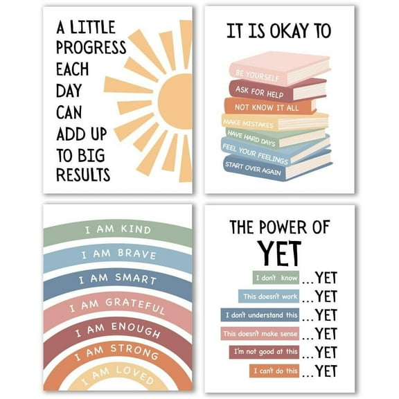 4 pcs Therapy Office Mental Health Posters Decor for School Classroom Counselor Office- Power of Yet & It Is Okay To, Inspirational Posters Positive Quotes Wall Decor Classroom