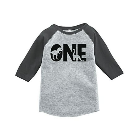 

7 ate 9 Apparel One First Birthday Dinosaur Grey Baseball Tee