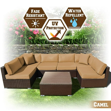 Strong Camel 7 PC Rattan Wicker Patio Set Outdoor Sectional Sofa Furniture With Cushion (Camel)