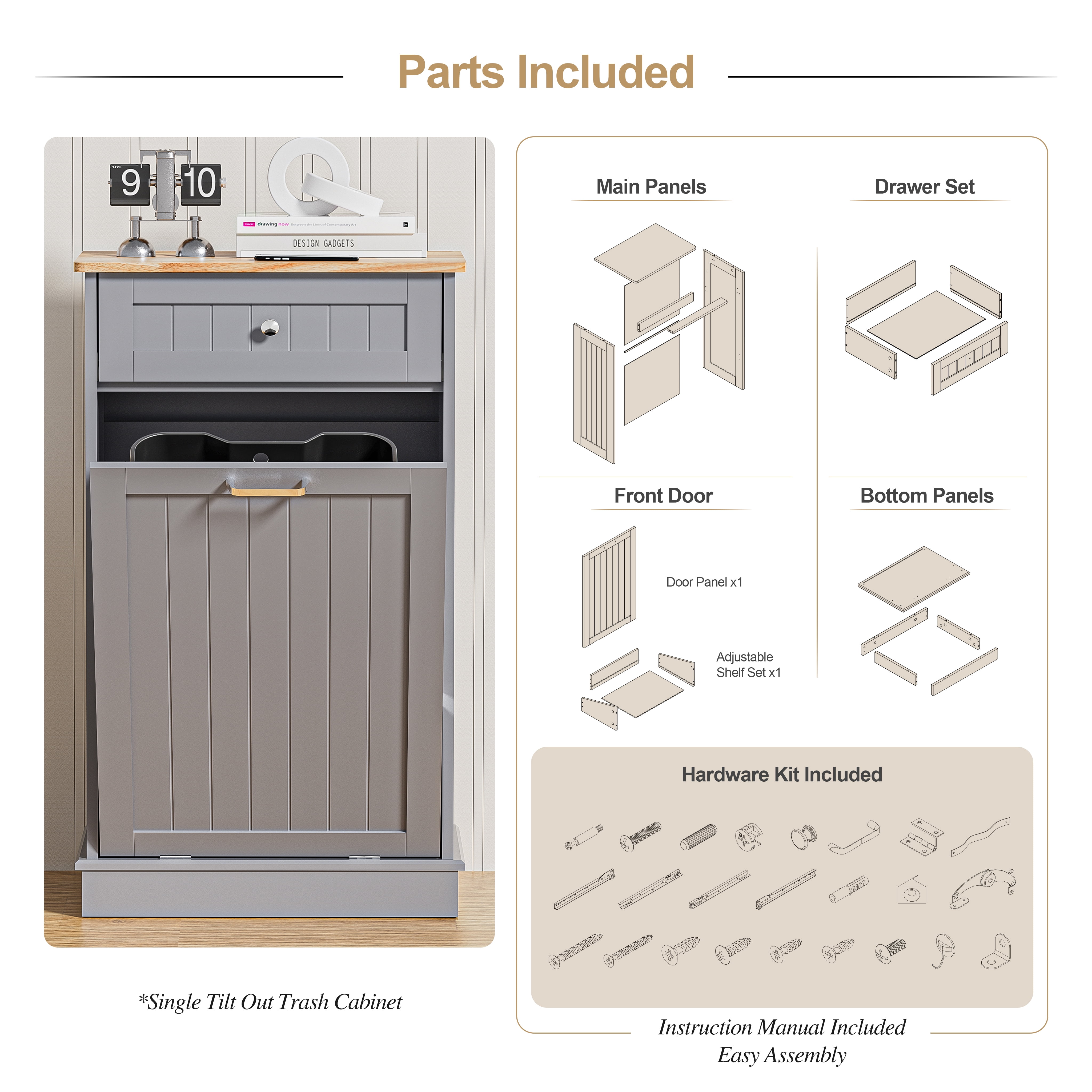 AHB 13 Gallon Single Tilt Out Trash Cabinet with Drawer, Freestanding Kitchen Trash Can Storage Organizer, 20.9"L x 13.55"W x 38.5"H, Gray